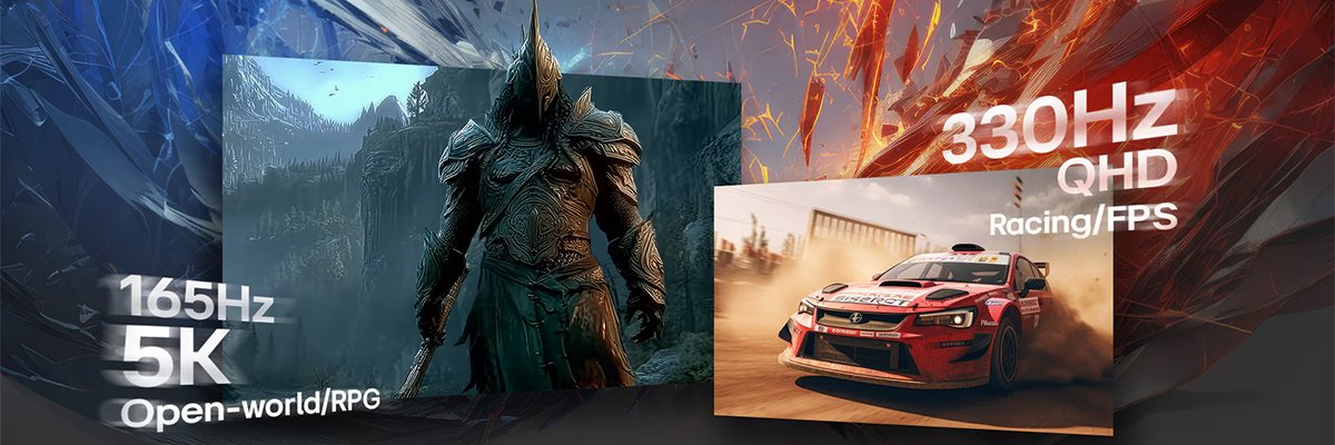 Open-world RPG game beside a racing/FPS game highlighting dual-mode refresh rates.