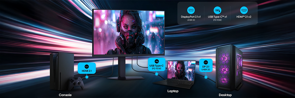 UltraGear evo GM9 Gaming Monitor with a console, laptop and desktop pc connected.
