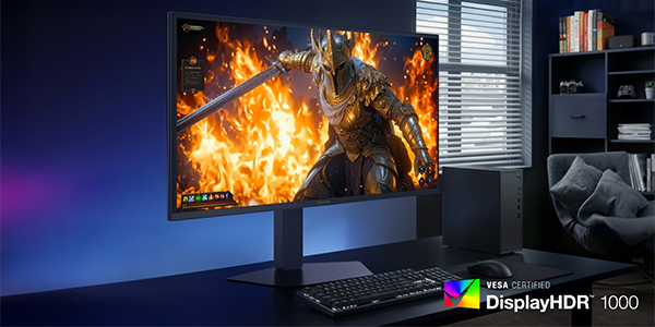 UltraGear monitor on desktop with gameplay of knight battle on-screen.
