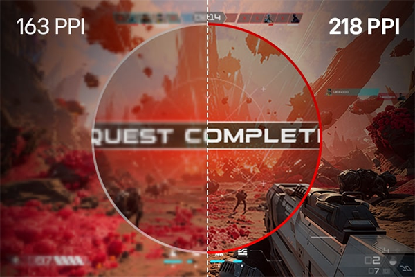 FPS shooter with half of image blurry with other half clear, highlighting 218 PPI.