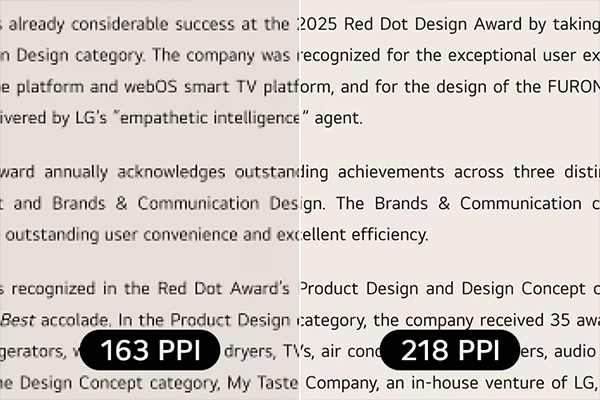 Text on screen, one half slightly blurry, other half clear to highlight 218 PPI.