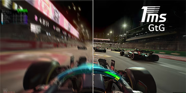 POV of racing game, one half blurry, other half clear to highlight 1ms GTG response time.