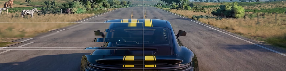 Racing game, one half with screen tearing, one half clear to highlight G-SYNC & FreeSync technology.