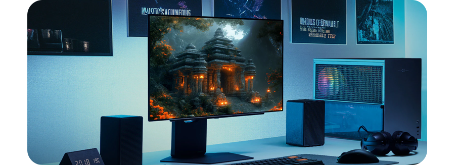 Visual showcasing monitor in a desk space