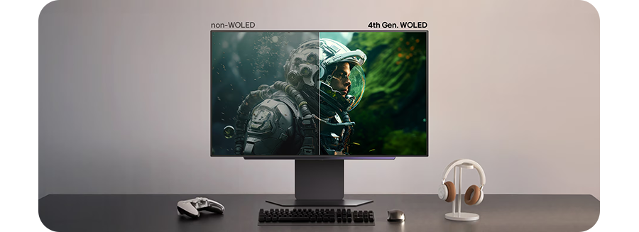 Monitor on desk showing colour difference between normal and OLED screens