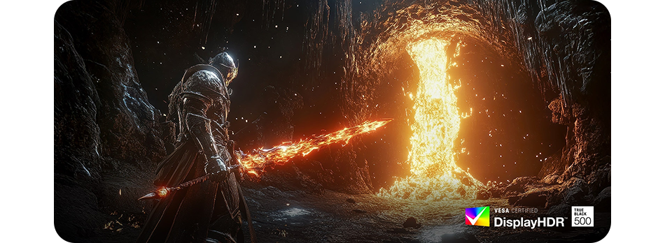 Gameplay image of a knight with a burning sword, displaying a range of colours
