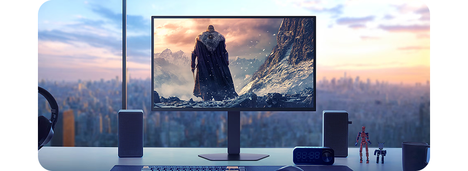 Lifestyle image of the monitor on a desktop with the sky in the background and a similar image on screen
