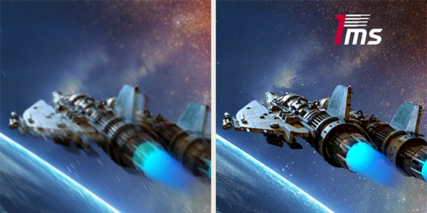 Two spaceships: one with sharp 1ms response details, other with blurred out details.