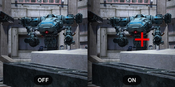 Two heavy robot gunners, right with crosshair on, left with crosshair off.
