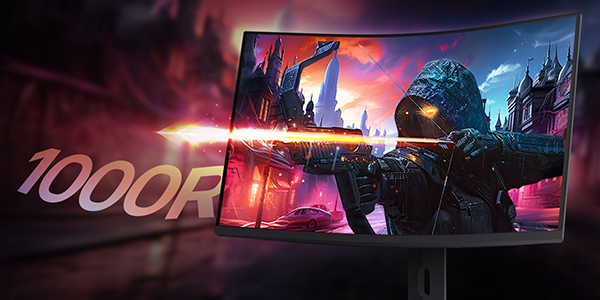 UltraGear monitor with 1000R curvature beside it with futuristic archer on-screen firing flaming arrow out of the monitor.