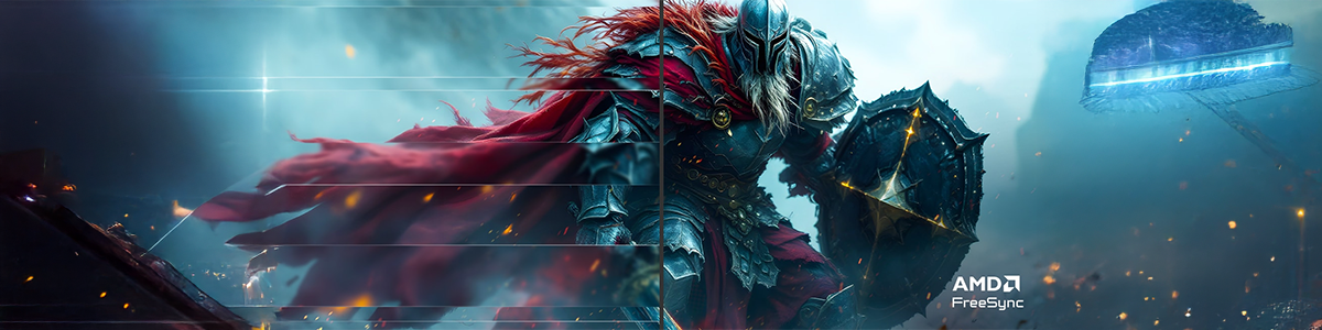 FreeSync™ Technology showcased by armoured warrior, one half with screen-tear lines, other clear and sharp.
