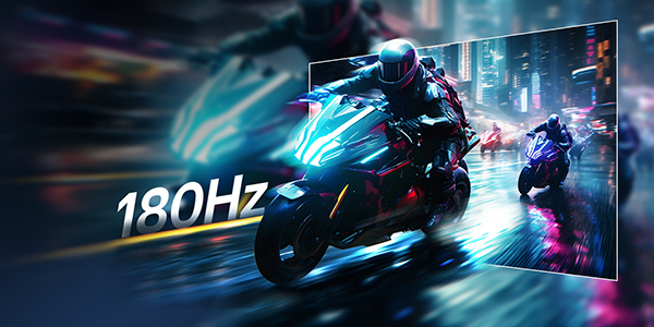 180Hz next to UltraGear monitor with motorcyclist racing out of the screen.