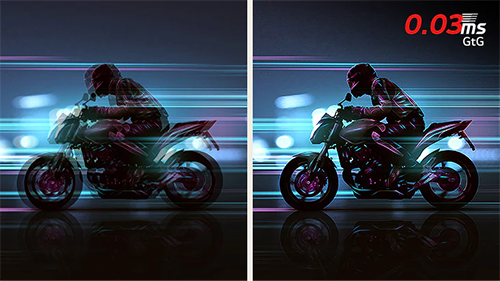 Comparison image one side blurry and one side sharp to show the difference of having a 0.03 response time