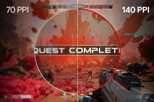 FPS shooter with half of image blurry with other half clear, highlighting 218 PPI.