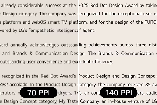 Text on screen, one half slightly blurry, other half clear to highlight 218 PPI.