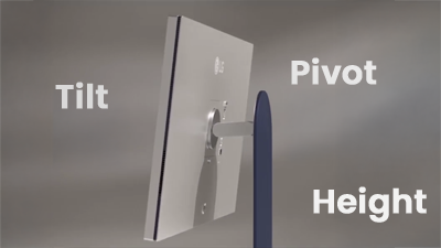 Side view of monitor with Height, Pivot and Tilt labelled