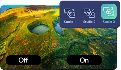 Monitor cutout with seperator showing studio mode being on and off with UI snippet in corner