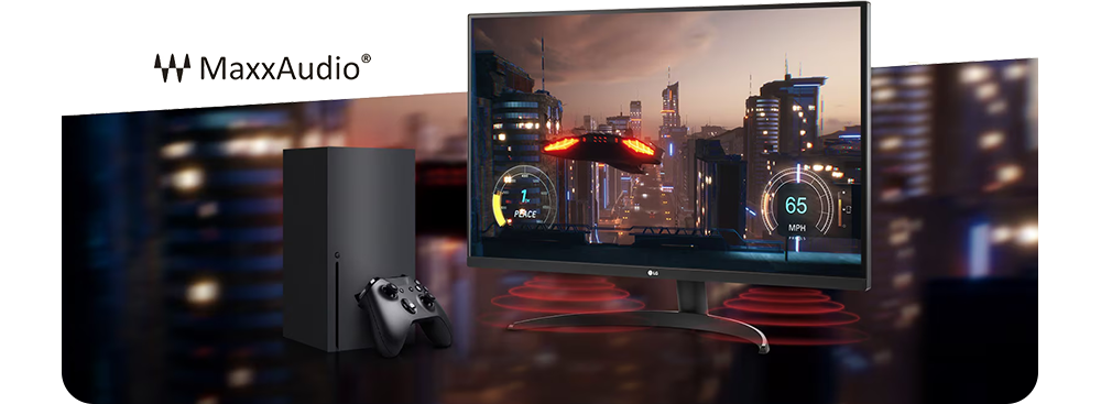 Image of the monitor next to an Xbox console with a sci-fi video game on screen
