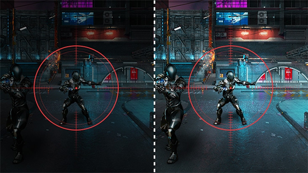 Comparison image of a crosshair on an enemy, one side is darker than the other