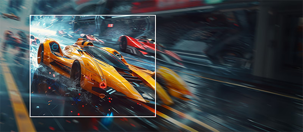 A car speeding through a frame to crisp visuals at fast speed