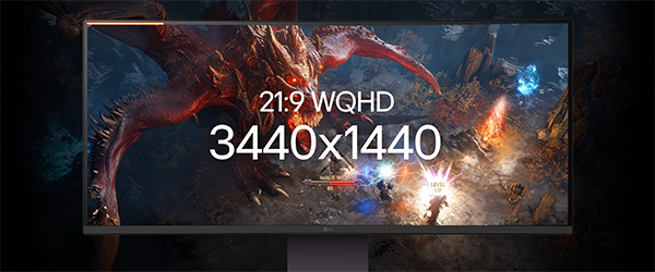 Front image of monitor with a fantasy battle on screen showing WQHD resolution dimensions