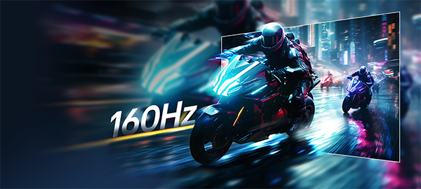 A motorcycle speeding through a frame to illustrate the fast 160hz refresh rate