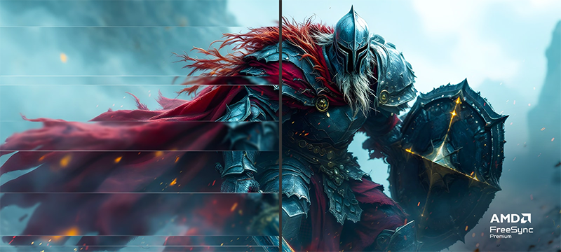 Comparison image showing screen tearing on the left and AMD FreeSync in effect on the right
