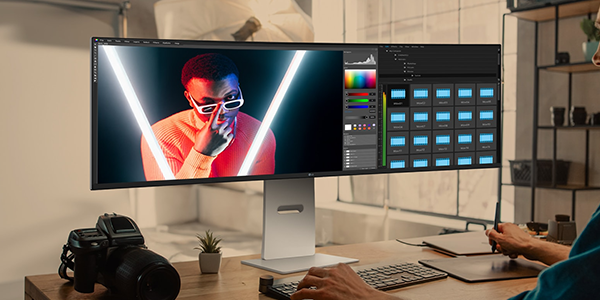 High resolution video editing software spread out across the UltraWide display