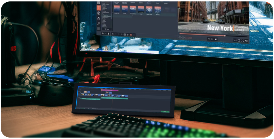 AI Generated image of video editor on monitor and timeline on screen