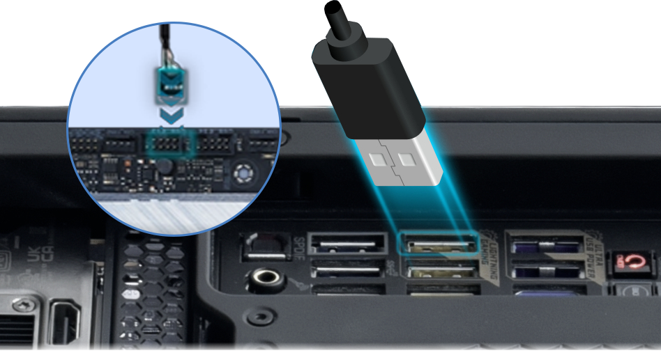 USB 2.0 connector into motherboard back panel, 9-pin USB header connector into motherboard header