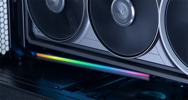 Close up of the ARGB light bar on the  4 slot vertical GPU kit.