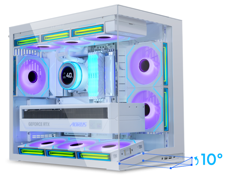 Lian Li O11D Mini V2 Full Build Side View with 10-degree slanted base angle highlighted