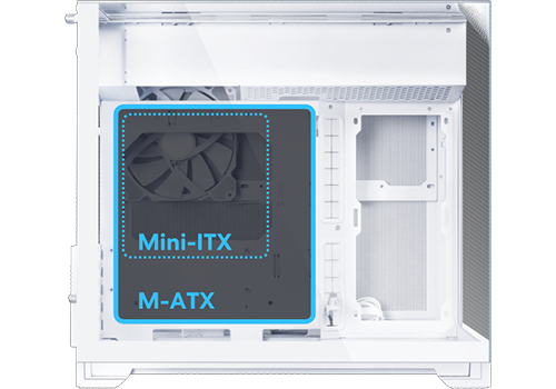 Side view of Vision-M case showing motherboard placement options