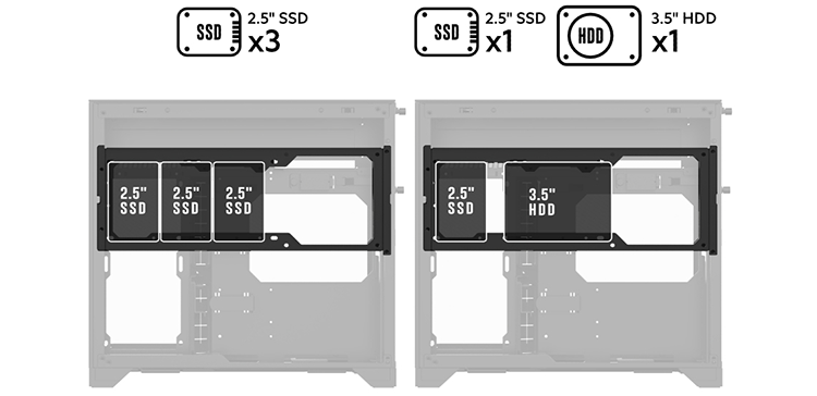 Side views of the Vision-M case with a graphic on top showing how drives can be placed