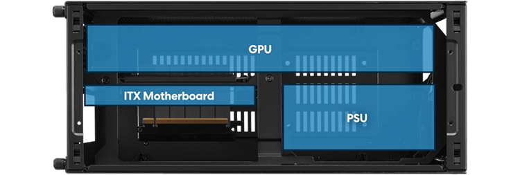 Side view of case with a blue graphic showing where PSU, GPU and motherboard can be placed