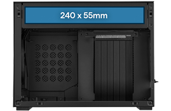 Side view of case with a blue graphic showing where radiator can be placed