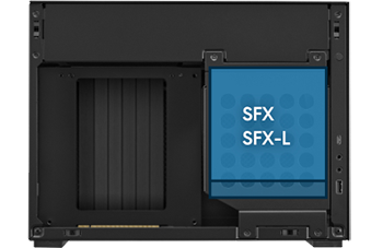 Side view of case with a blue graphic showing where PSU can be placed