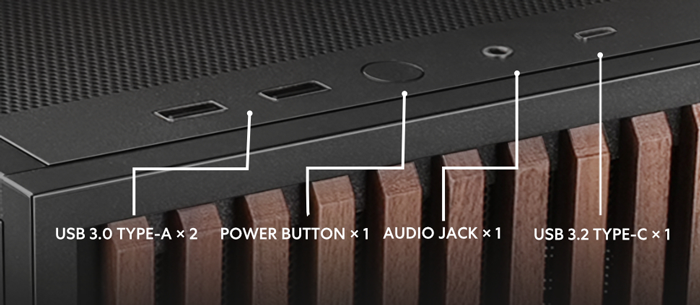 Cutout of case corner with USB ports labelled
