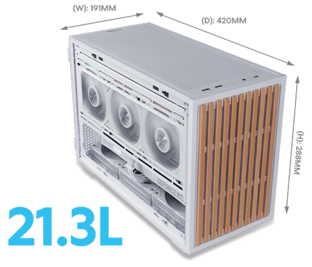 White case build on side with dimensions and volume annotated