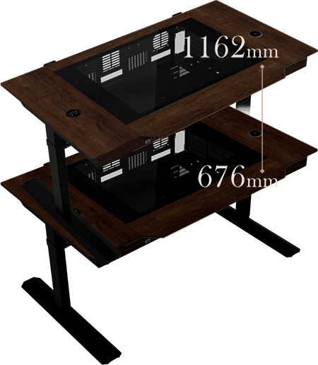 Angled view of desk lowest point and highest point imposed over one another with dimensions annotated