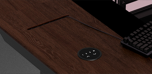 shot of wood texture showing cable threading slot next to LCD