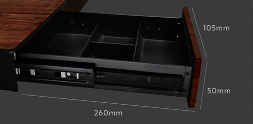 Drawer extended fully with dimensions annotated around it