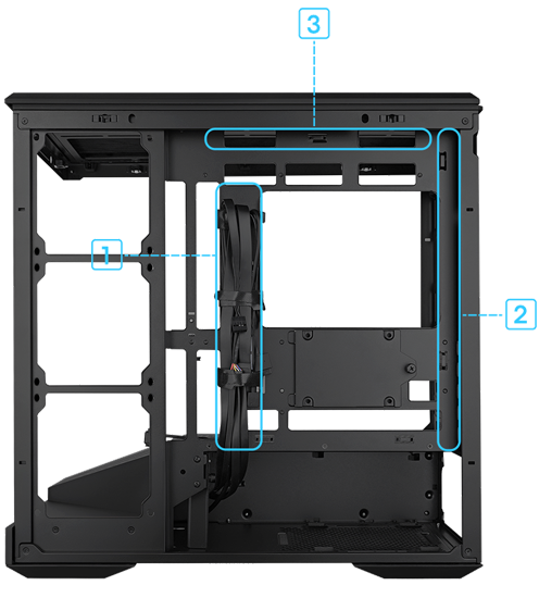 Numbered image of exposed alt side revealing second chamber and cable management features