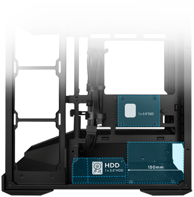 Graphic of back chamber annotating hard drive and ssd compatability