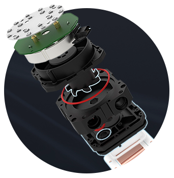 Pump split out into layers, revealing each component