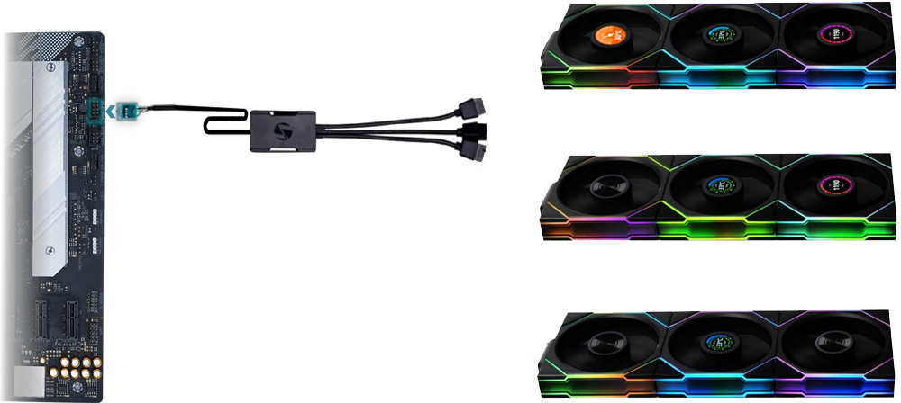 9-Pin USB Header connected to PWM Splitter Hooked up to 9 UNI FAN Wireless fans in alternating LCD and Non-LCD types
