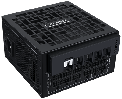 Angled view of PSU showing connectors