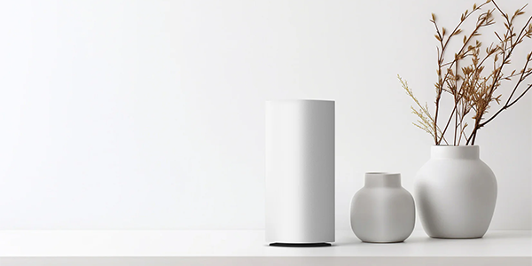 Velop Pro 7 router on shelf, blending in with other home furnature.