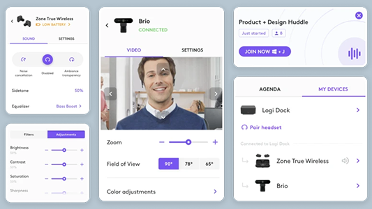 Logi Tune webcam software user interface panels.