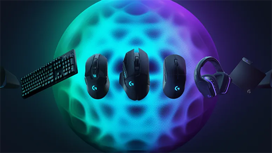Illustration of a line of Logitech peripherals afront an ambient glowing rendering of a globe.
